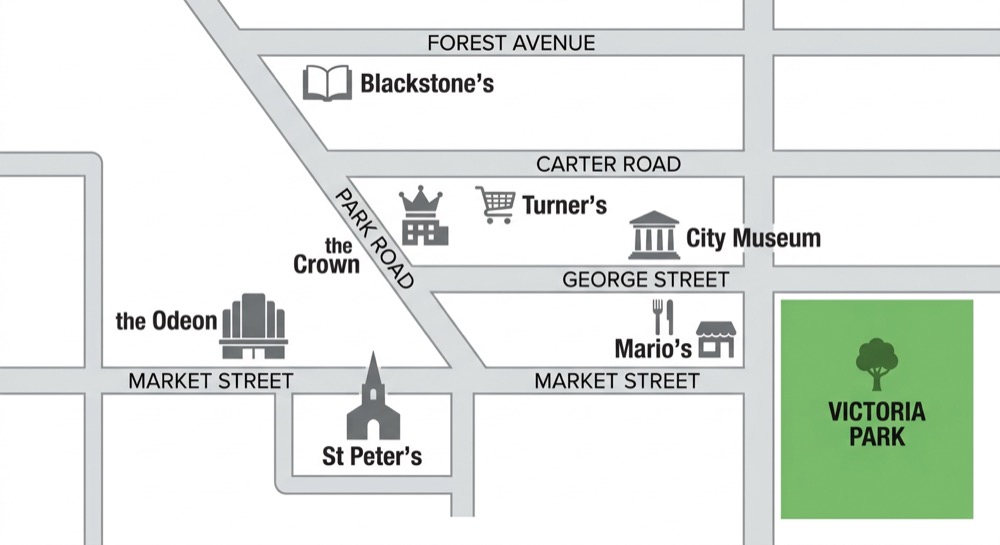Town street map showing named places on Market Street, Carter Road, Park Road, George Street and Forest Avenue