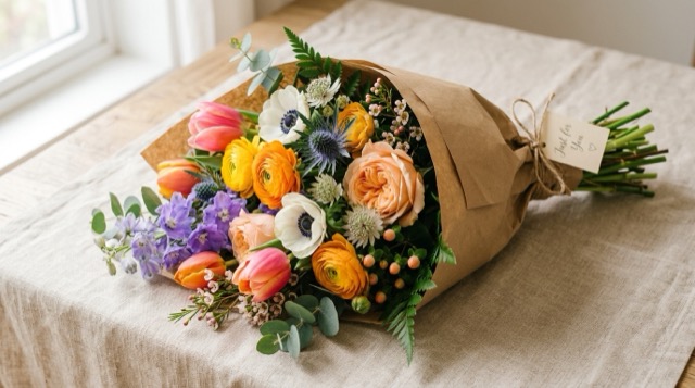 A bouquet of flowers given as a present